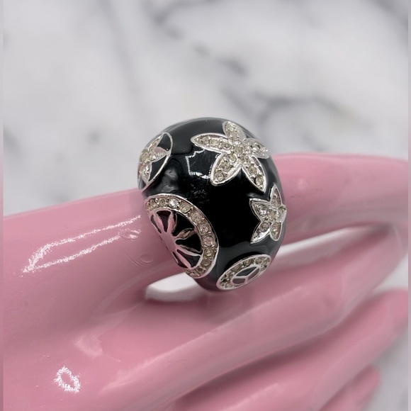 Chunky Black Enamel & Silver Tone Crystal Ring with Design - Picture 6 of 12